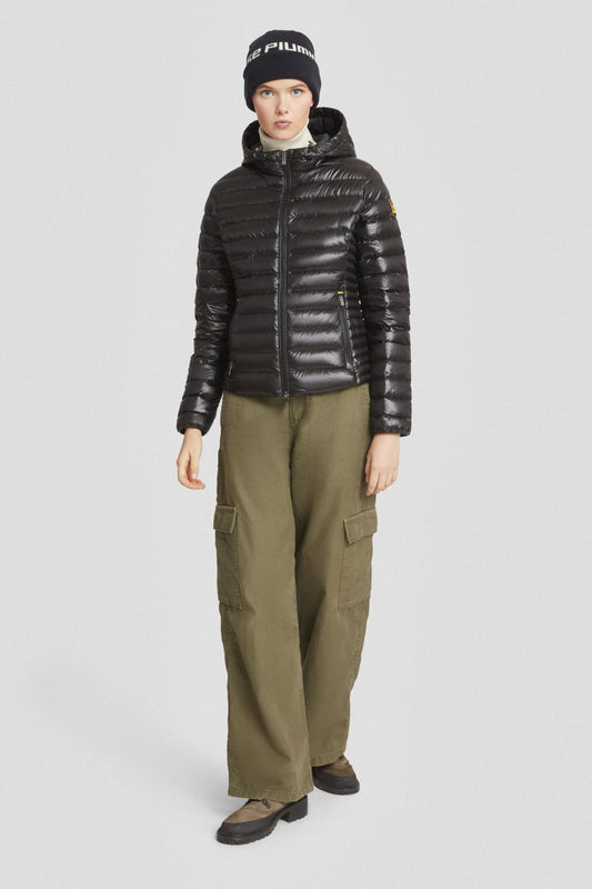 Piumino leggero nero lucido con cappuccio AGHATA 2.0