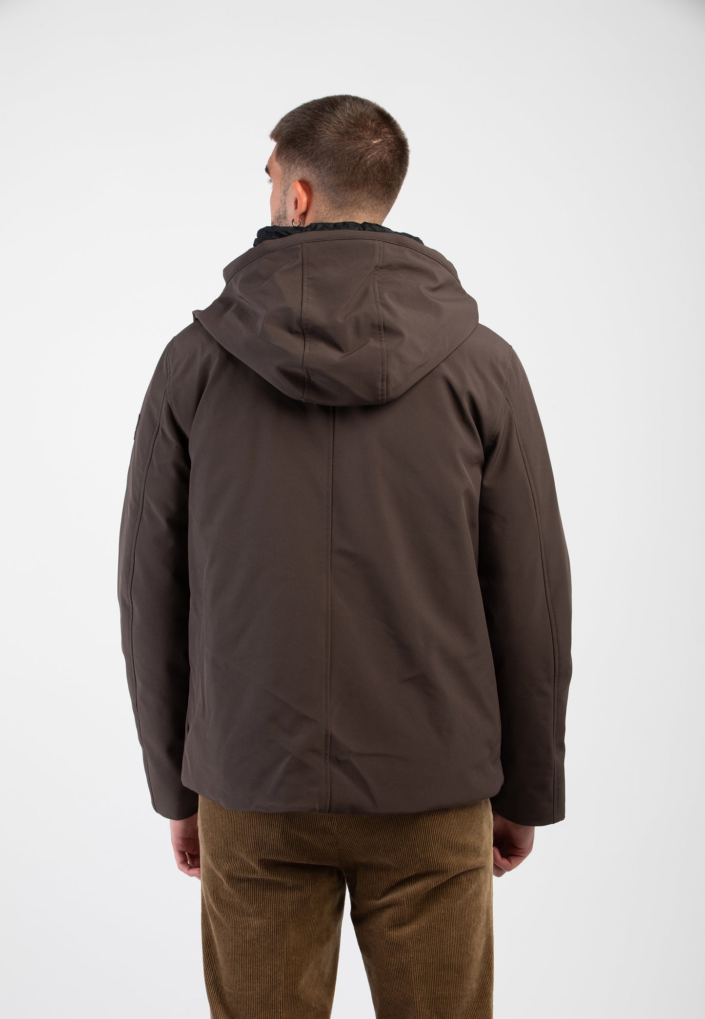 PENDER – Giacca in softshell marrone con cappuccio e pettorina staccabili