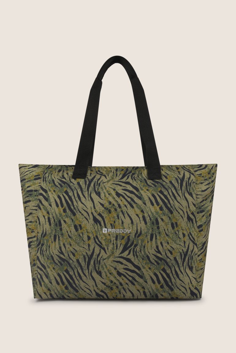 Borsa Shopper in canvas animalier con zip